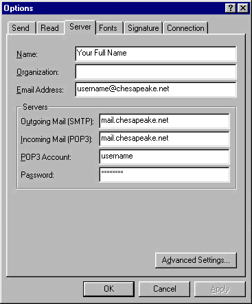 Microsoft Internet Mail - Server Tab