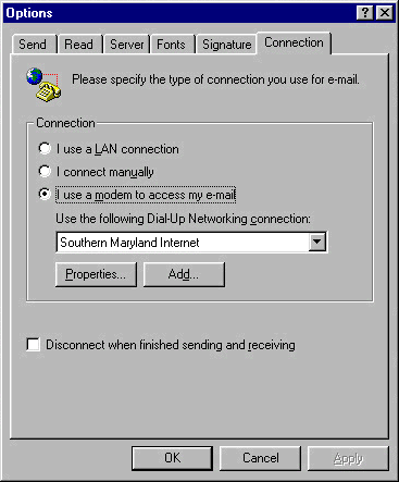 Microsoft Internet Mail - Connection Tab